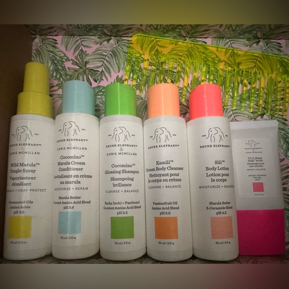 Drunk Elephant body/ hair PR kit! 90ml bottles of full line shampoo, de tangler